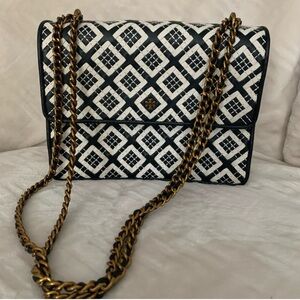 Tory Burch Black and White Shoulder Bag with Gold Chain